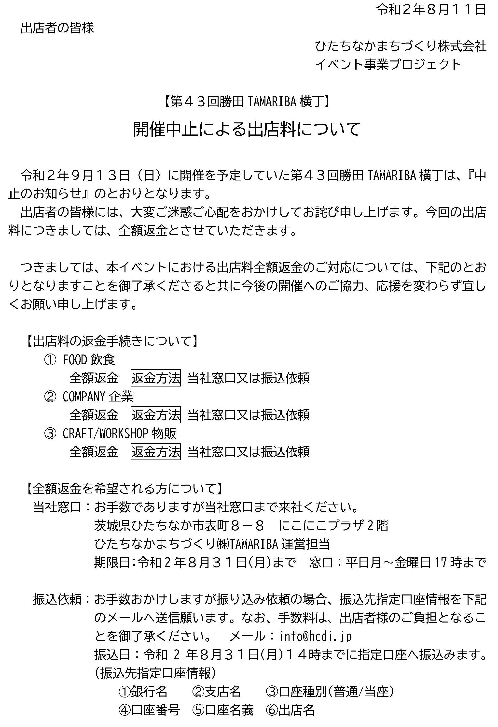 開催中止による出店料について